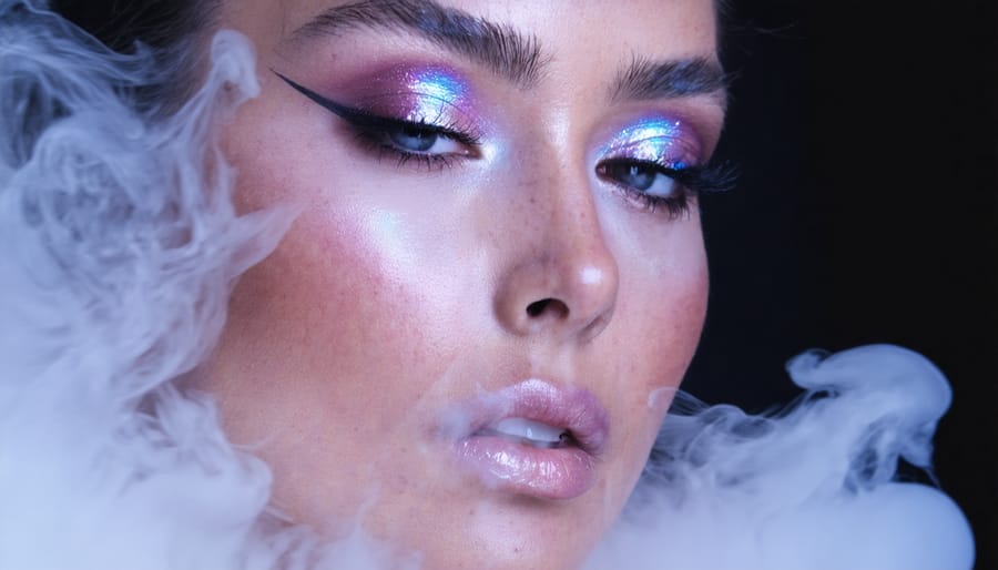 Close-up of holographic eyeshadow application with pearlescent finish