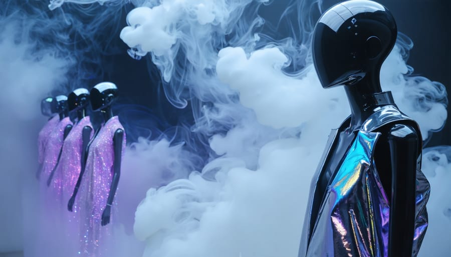 Fashion mannequins wearing iridescent clothing and metallic accessories, surrounded by swirling vapor clouds, symbolizing the fusion of vape culture with modern fashion and beauty.