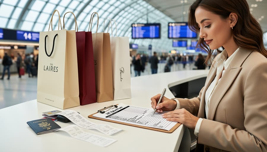 VAT refund receipts and documents arranged with luxury beauty products