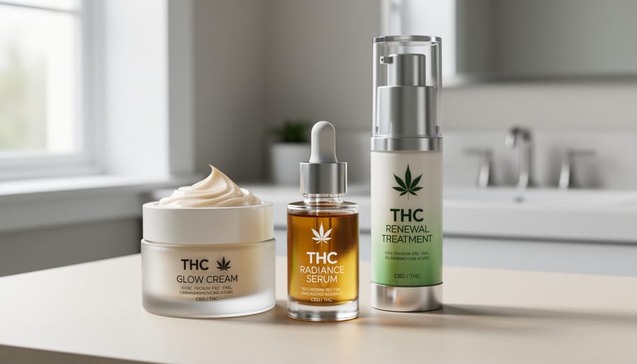 Array of cannabis-infused beauty products including creams and serums with fresh cannabis leaves