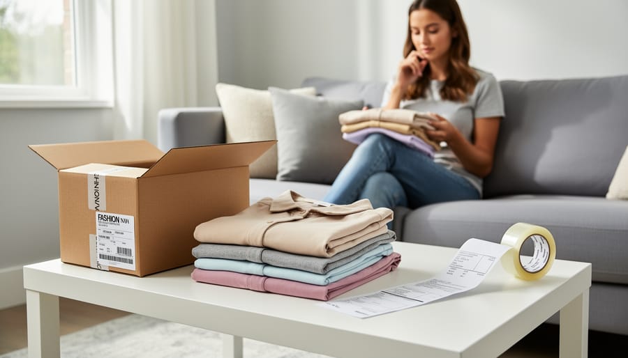 Folded clothing and a fashion parcel box on a bedroom floor in soft natural light.
