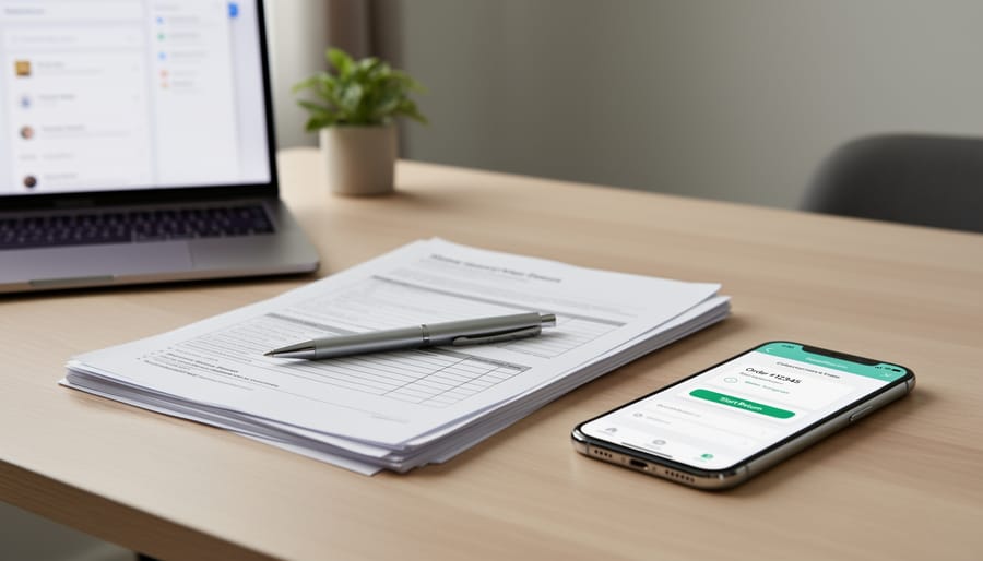 Person reviewing return paperwork and holding a smartphone without readable text in a home setting.