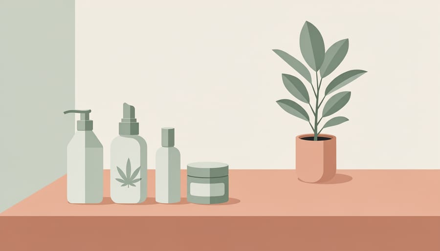 Bathroom countertop with skincare bottles and a potted cannabis plant by a sunny window