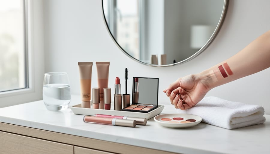 Clean color cosmetics palette, lipstick, and blush brush on a marble vanity as someone prepares makeup