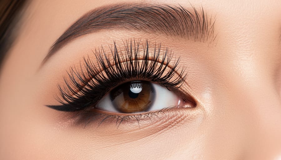 Close-up of a model’s eyes showing lashes coated for a lengthened, volumized look