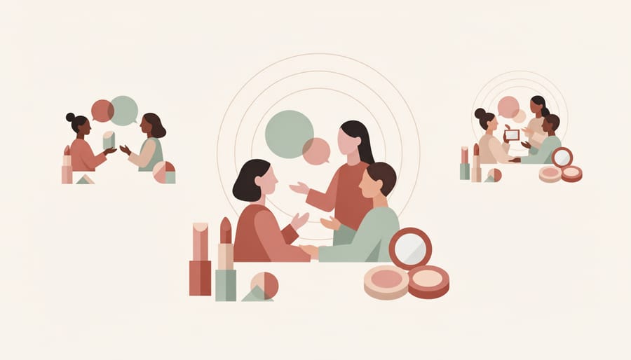 Diverse group of people gathered in a bright studio, holding clean beauty cosmetic testers and bags
