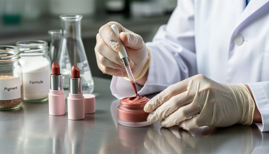 Gloved hands holding a jar of cosmetic pigment in a clean, stainless-steel production workspace