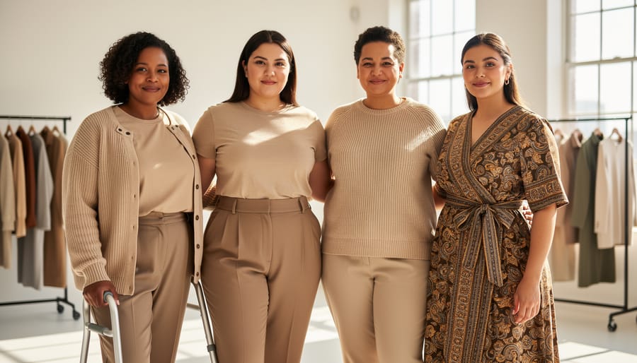 Diverse group of models wearing inclusive fashion essentials in a bright studio, highlighting adaptive closures, comfortable fabrics, and culturally inspired silhouettes.