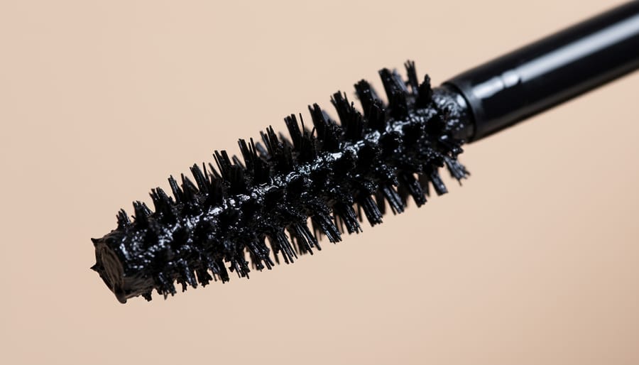 Macro close-up of a mascara wand coated with dark fibers above a clean surface
