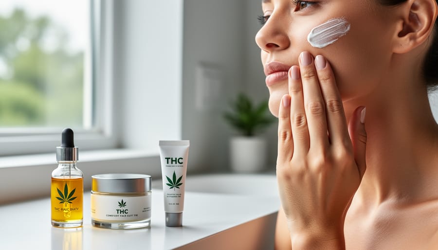 Person applying facial cream to their cheek with skincare items and cannabis elements blurred in the background