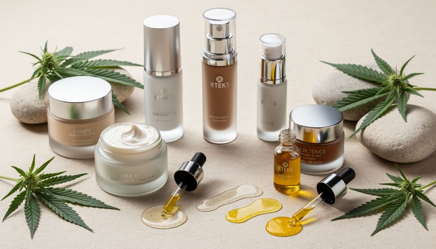 Skincare vanity scene with amber serum, cream texture, and cannabis leaves beside minimalist beauty products