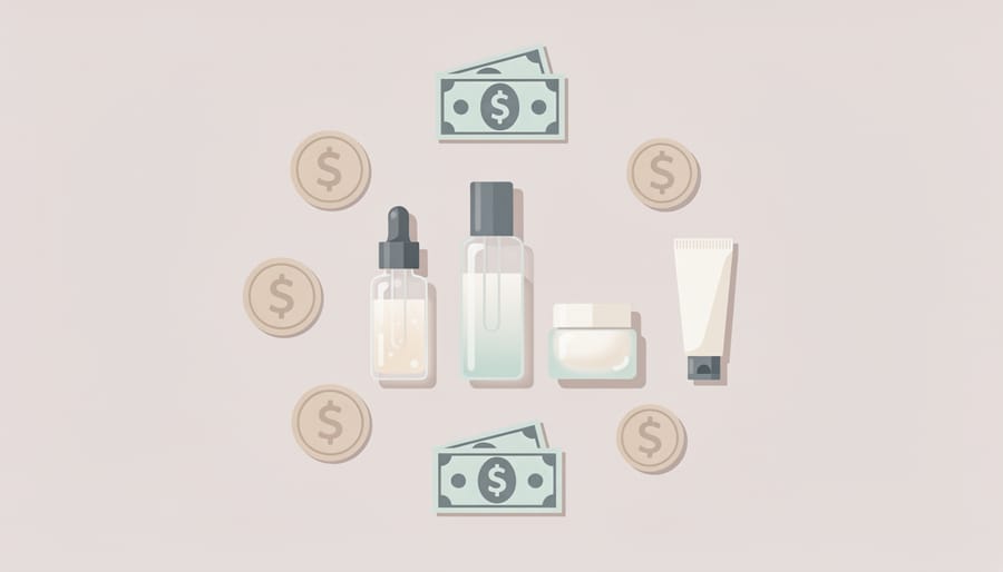 Flat lay of skincare essentials in a reusable pouch next to a small budget notebook and coin purse, with no visible labels