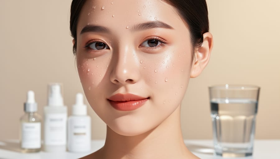 Clear serum drops in a glass-like bowl on a bathroom vanity with a softly lit, dewy glow aesthetic