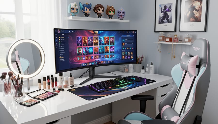 Gamer’s desk with makeup compact and palette beside illuminated gaming gear