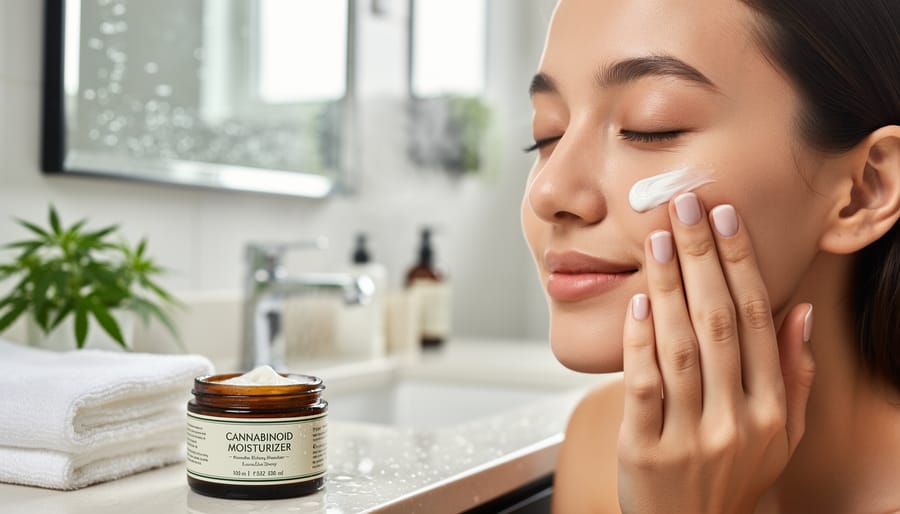 Close-up of a hand applying facial cream with blurred hemp leaves and skincare jar in the background.