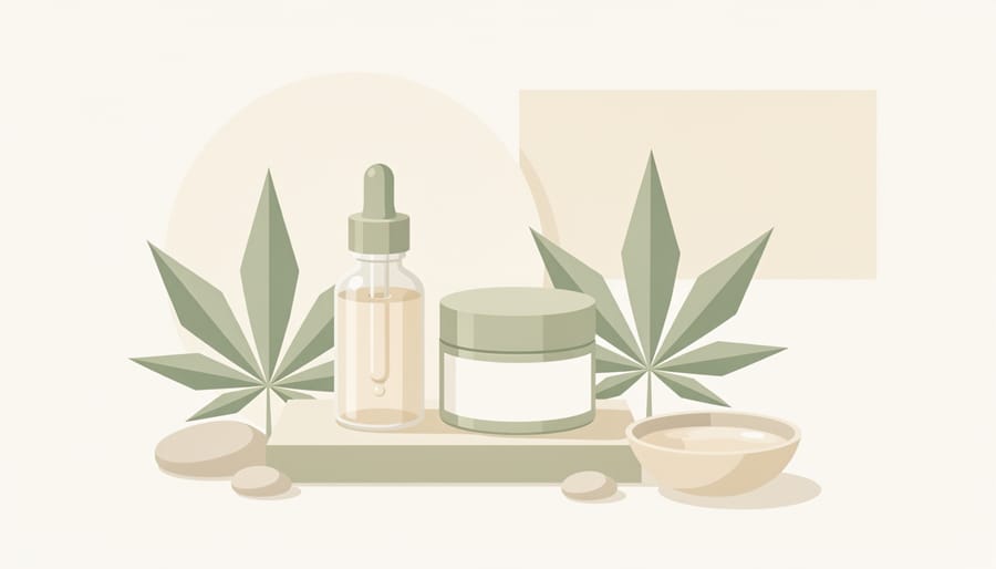 Conceptual still life of a glass jar with clear oil droplets and hemp leaves beside skincare tools.
