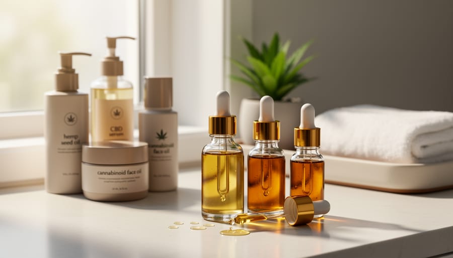 Skincare vanity with a serum dropper bottle and a bowl of hemp seed oil on a countertop.