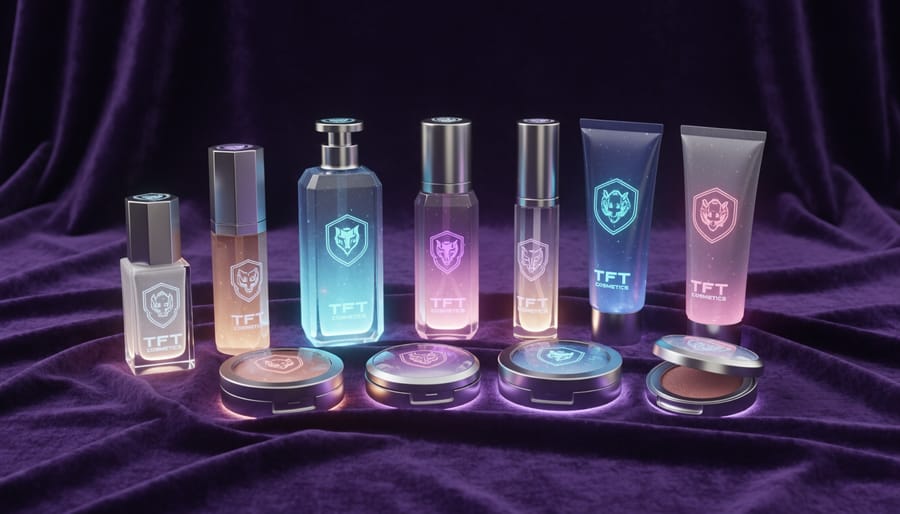 Close-up of iridescent collectible cosmetic items arranged on dark velvet with glowing reflections