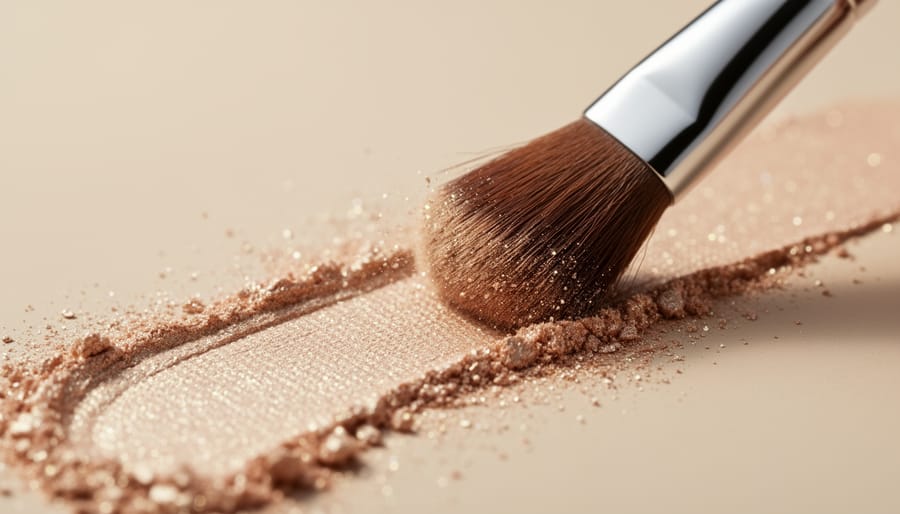 Brush sweeping shimmering highlighter in a makeup compact with sparkling particles