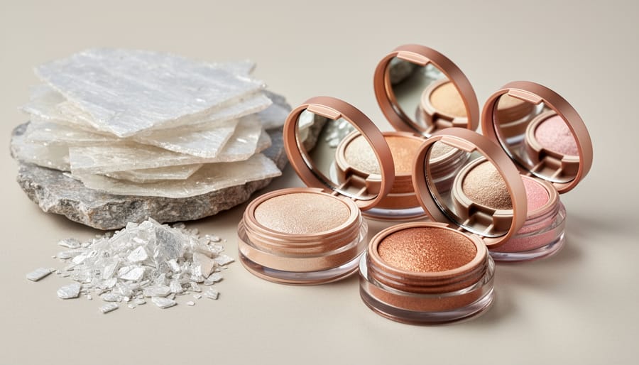 Shimmering cosmetic powders near rough mica-like rocks on a dark stone surface