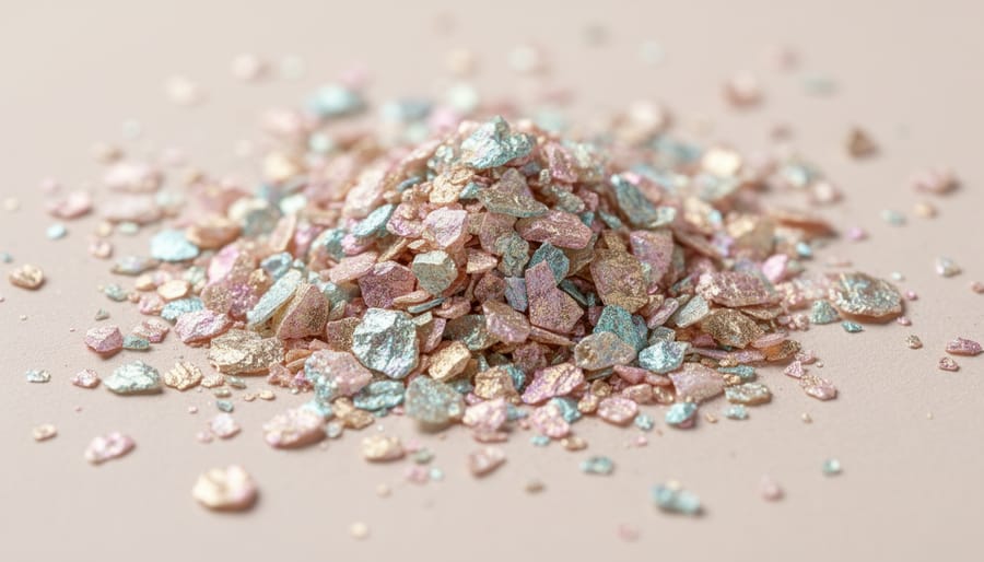 Macro view of reflective mica-like mineral flakes on a black background showing sparkle