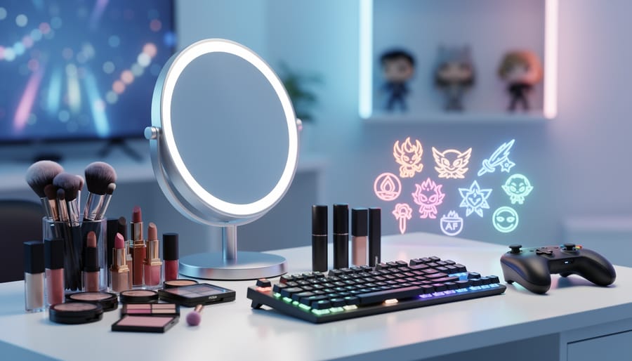 A makeup vanity with illuminated mirror next to a gaming setup, surrounded by subtle digital glow accents symbolizing personalized TFT cosmetics.
