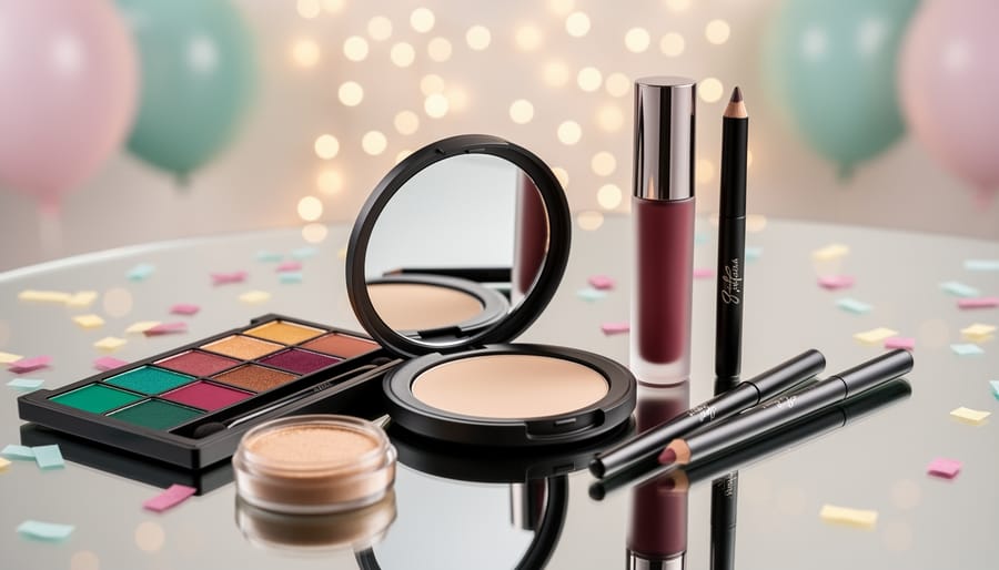 Makeup flat-lay featuring a compact mirror, high-pigment eyeshadow palette, and liquid lipstick arranged on a vanity with softly blurred celebratory lights in the background.