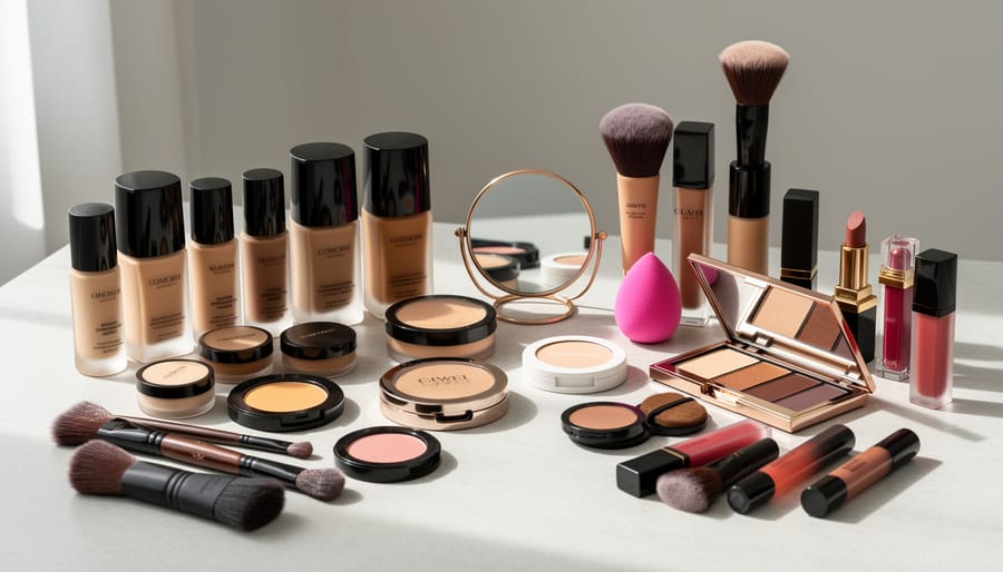 Makeup vanity with foundation brush, makeup sponge, lipsticks, and an open compact mirror arranged on a countertop