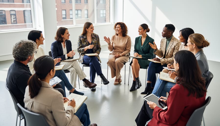 Diverse group of people in a community lounge exchanging ideas about fashion and beauty.