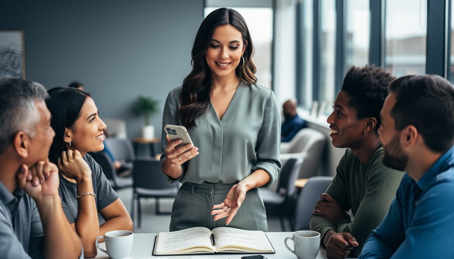 A fashion and beauty creator meeting with diverse community members, holding a phone and notebook while listening and engaging in conversation.