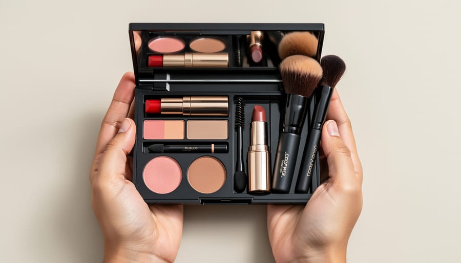 Hands holding a curated small makeup kit with brush and makeup items on a vanity surface