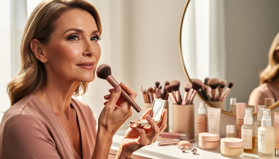 Mature woman applying makeup at a bright vanity with a makeup brush, showcasing a natural, skin-friendly look.