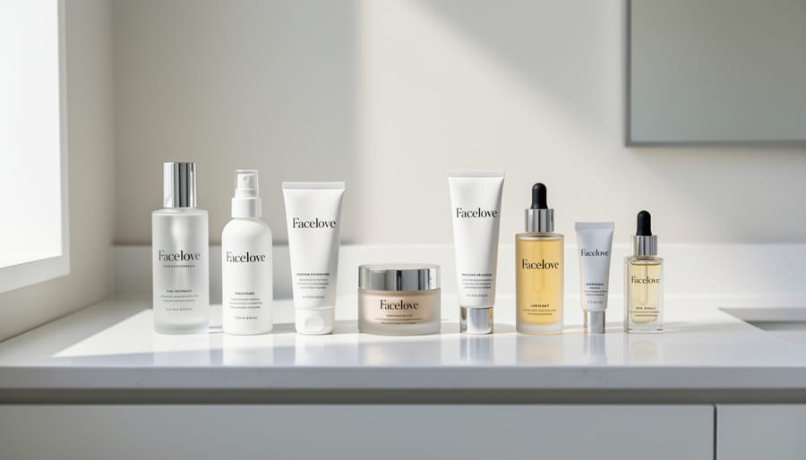 Cosmetics lineup including foundation stick, liquid foundation, primer, and mascara arranged on a marble vanity.