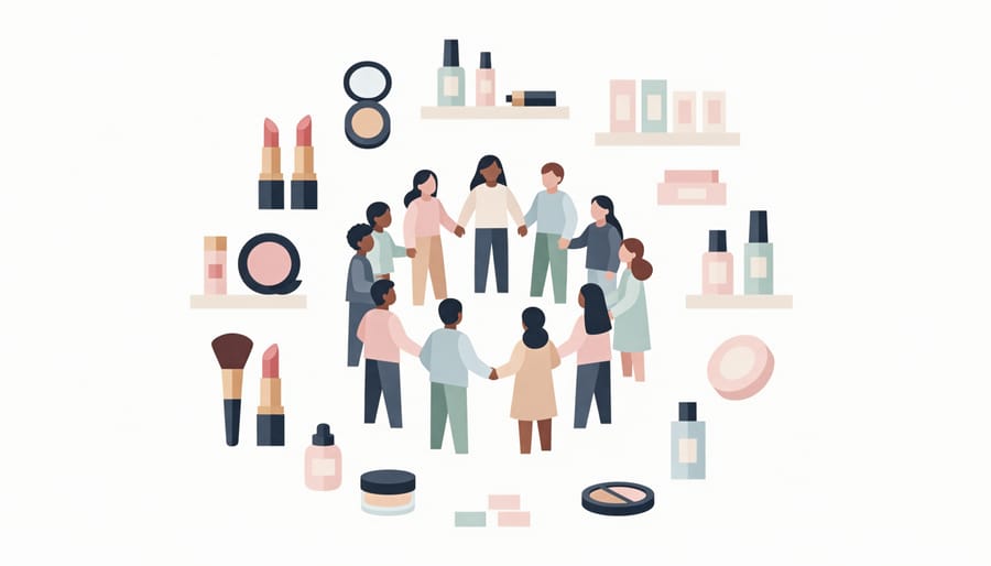 People browsing cosmetics in a bright store with product testers and shopping baskets on shelves