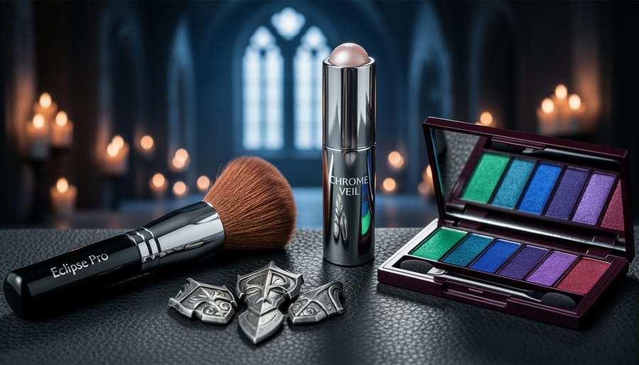 Close-up vanity scene with a chrome highlighter, jewel-toned eyeshadow palette, makeup brush, and small armor-effect embellishments on a dark leather surface.
