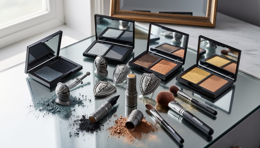 Knightly-themed makeup palette with metallic armor-tone shades and brushes on a vanity tabletop.