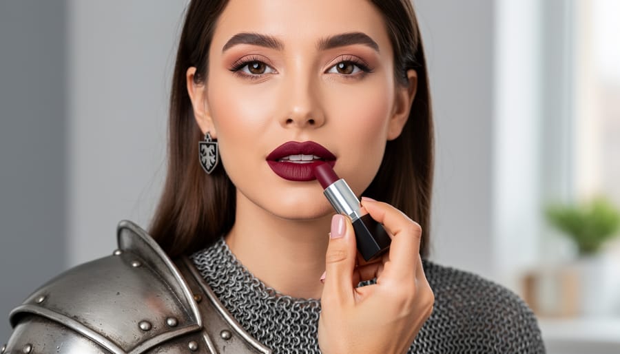 Close-up of a person applying knightly-themed lipstick with a lip brush.
