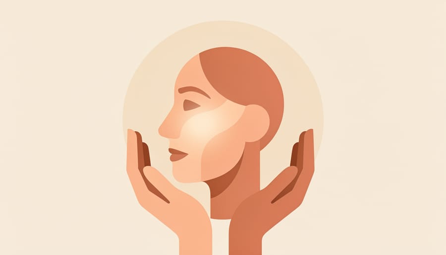 Close-up of illuminated mature skin with a soft skincare touch in warm golden light.