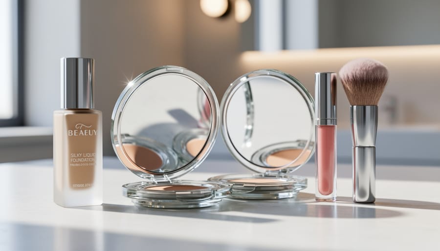 Close-up of makeup products on a vanity with glass compact mirrors, styled to represent accessible luxury in beauty routines.