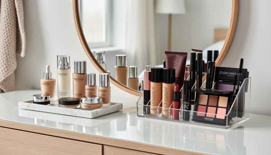 Prestige-style makeup compact and Studio Make-Up cosmetic tube arranged on a beauty vanity