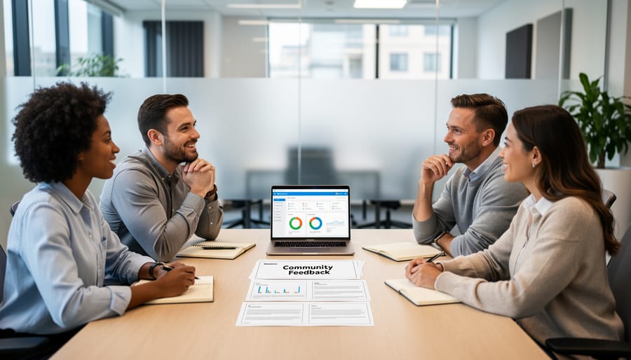 People in a warm evening workspace with a desk setup suggesting privacy and respectful feedback handling.
