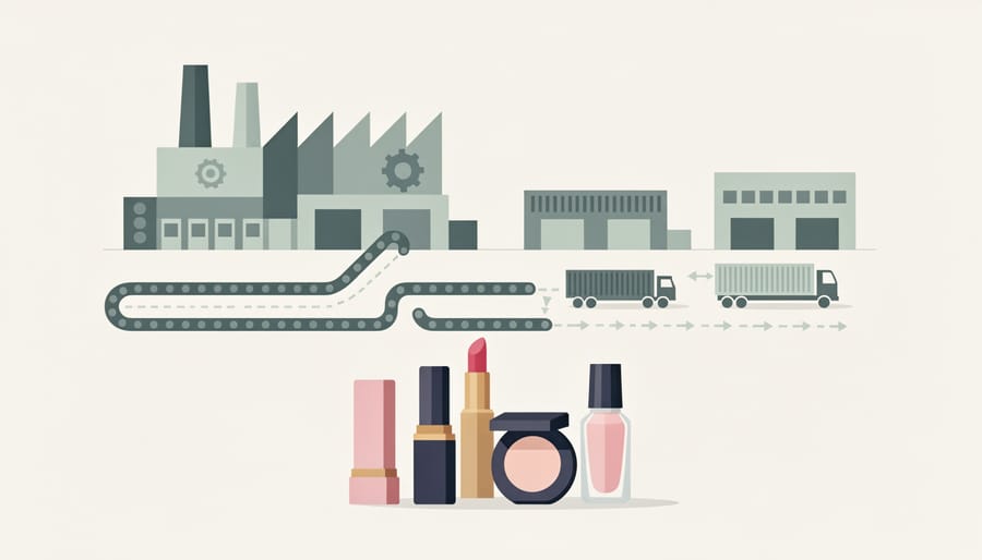 Warehouse loading bay with pallets of cosmetics boxes and a worker silhouette at dusk
